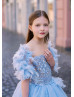 Feather Sleeves Light Blue High Low Flower Girl Dress